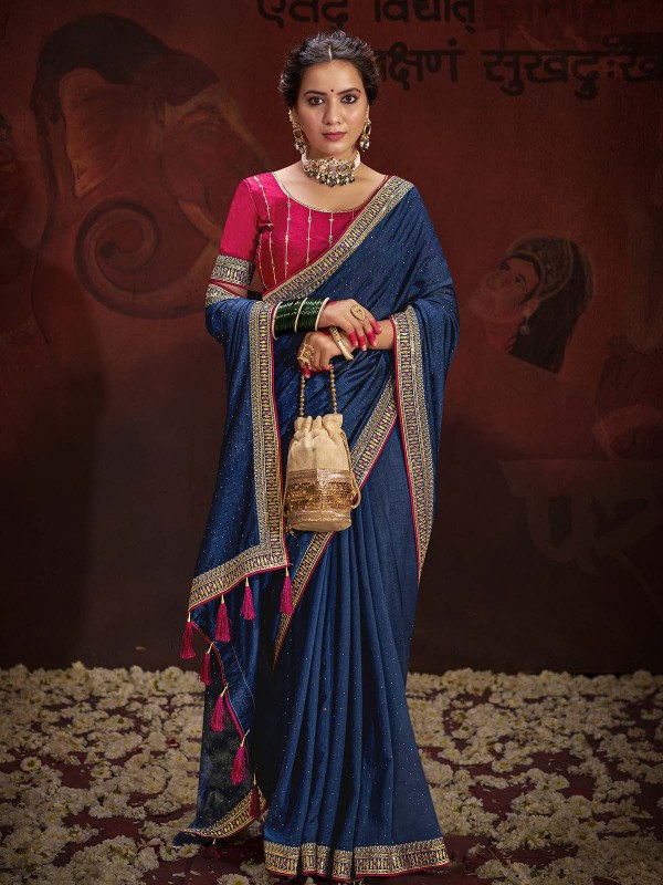 Sappire Blue Vichitra Silk Embroidered Saree